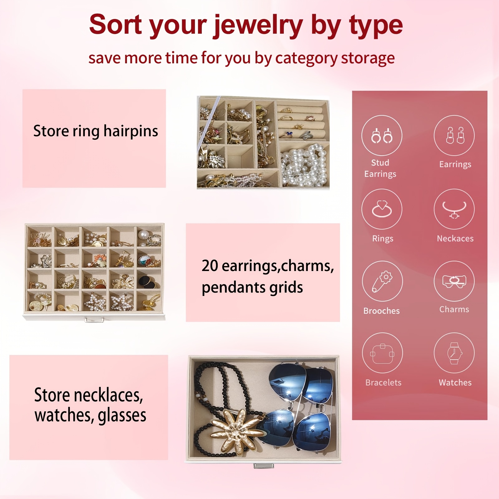 Women's 3-Tier Jewelry Organizer, Velvet Lining
